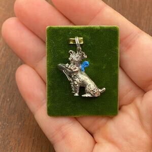 Vintage 925 Sterling Silver Poodle Heel in Mouth Blue Bow Heavy Pendant Charm